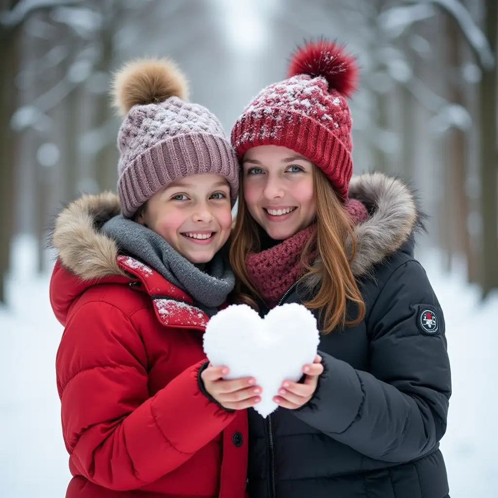 A picture of a mother and a 12-year-old son who love each other very much on a snowy day in the forest with a snowy heart in their hands, looking at the camera and smiling.