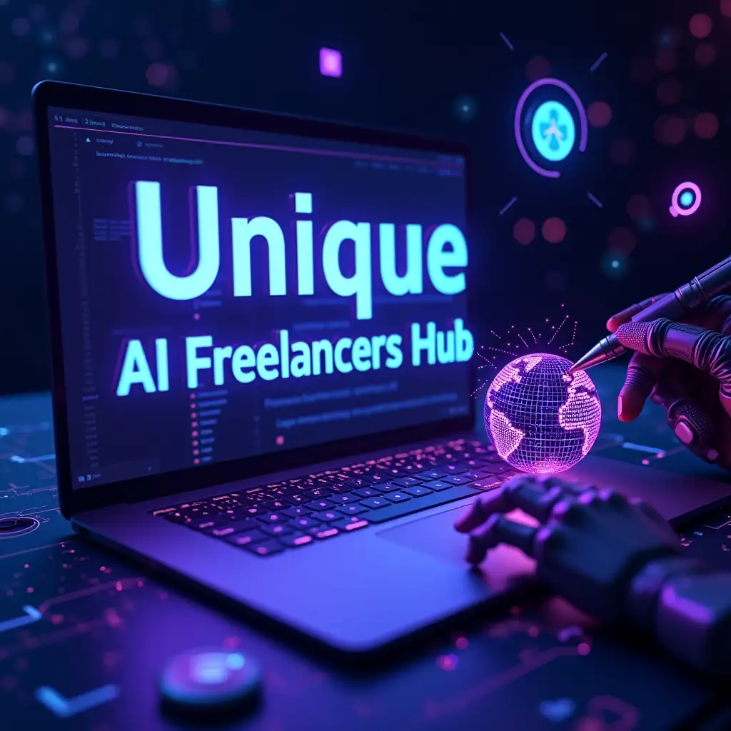 A futuristic digital workspace with glowing 3D text 'Unique AI Freelancers Hub' in neon-cyan sans-serif font. In the bottom-right corner, a minimalist logo: a glowing purple 'U' (#6C63FF) with intricate circuit board patterns inside, radiating cyan accents (#00FFE7).   Surrounding elements:- Floating ChatGPT and MidJourney icons with holographic textures.- Abstract neural networks and binary code flowing in the background.- A robotic hand drawing a wireframe globe with a stylus.   Subtitle text: 'Empowering Freelancers with AI Tools' in smaller glowing purple gradients.   Style: Cyberpunk with neon-lit depth, ultra-detailed 8K. Color palette: Dark cosmos (#0A1F4B) with purple/cyan accents. Aspect ratio: 16:9. --v 6 --ar 16:9