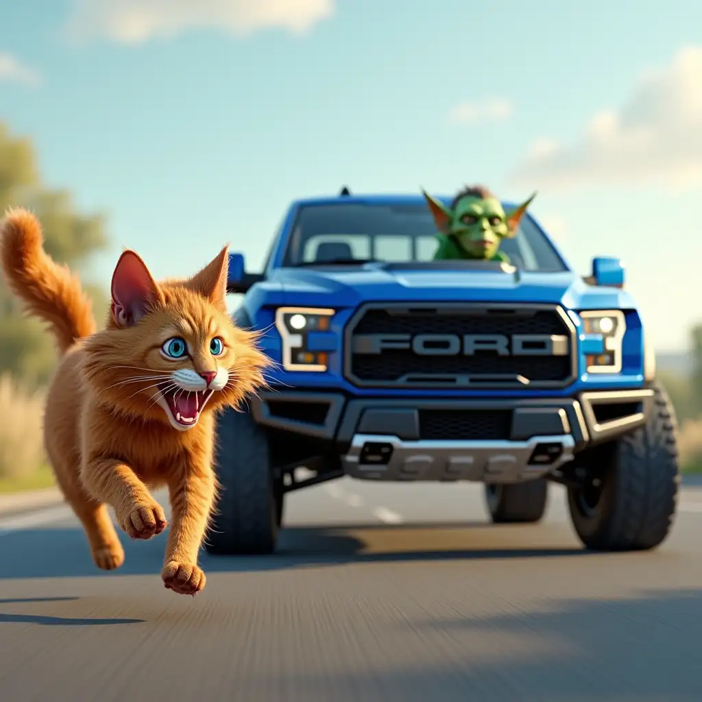 Big blue ford f-150 raptor chasing a shaggy ginger cat, who is running away in terror along the road, one of the cat's eyes is blue and the other is yellow, a green goblin is driving the car, computer graphics