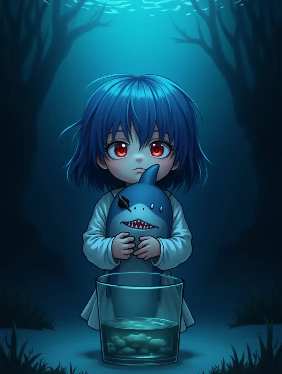 child, blue hair, red eyes, underwater, white dress, dark blue lighting, hugging shark in hands, shark smaller than child, black eyepatch, glass foreground, caricatured style, contrasting colors, darker tone, eerie atmosphere, dark mood