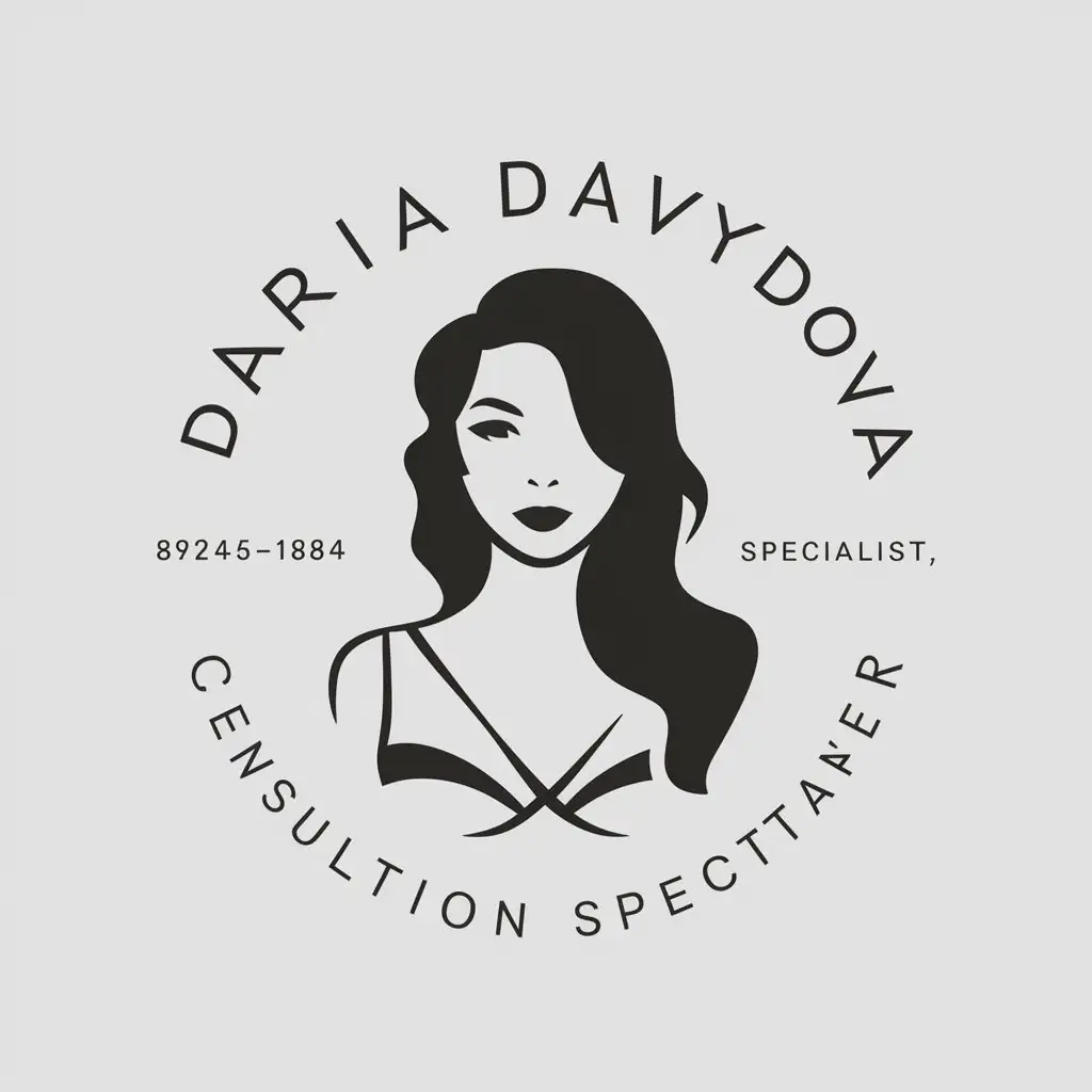 a vector logo design,with the text "Daria Davydova, 89245418084, consultant, specialist", main symbol:Underwear selection advice, bust, bra, bra-fitter,Moderate,be used in Beauty Spa industry,clear background