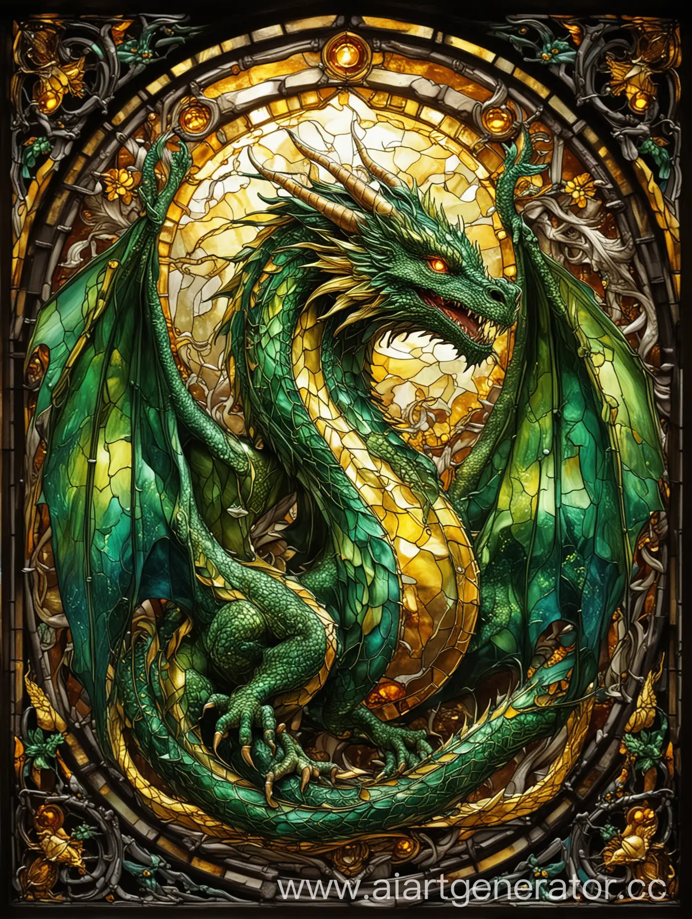 majestic dragon , green and gold, with yellow bright luminous effect, stained glass  style, vibrant colours,  fantasy art 