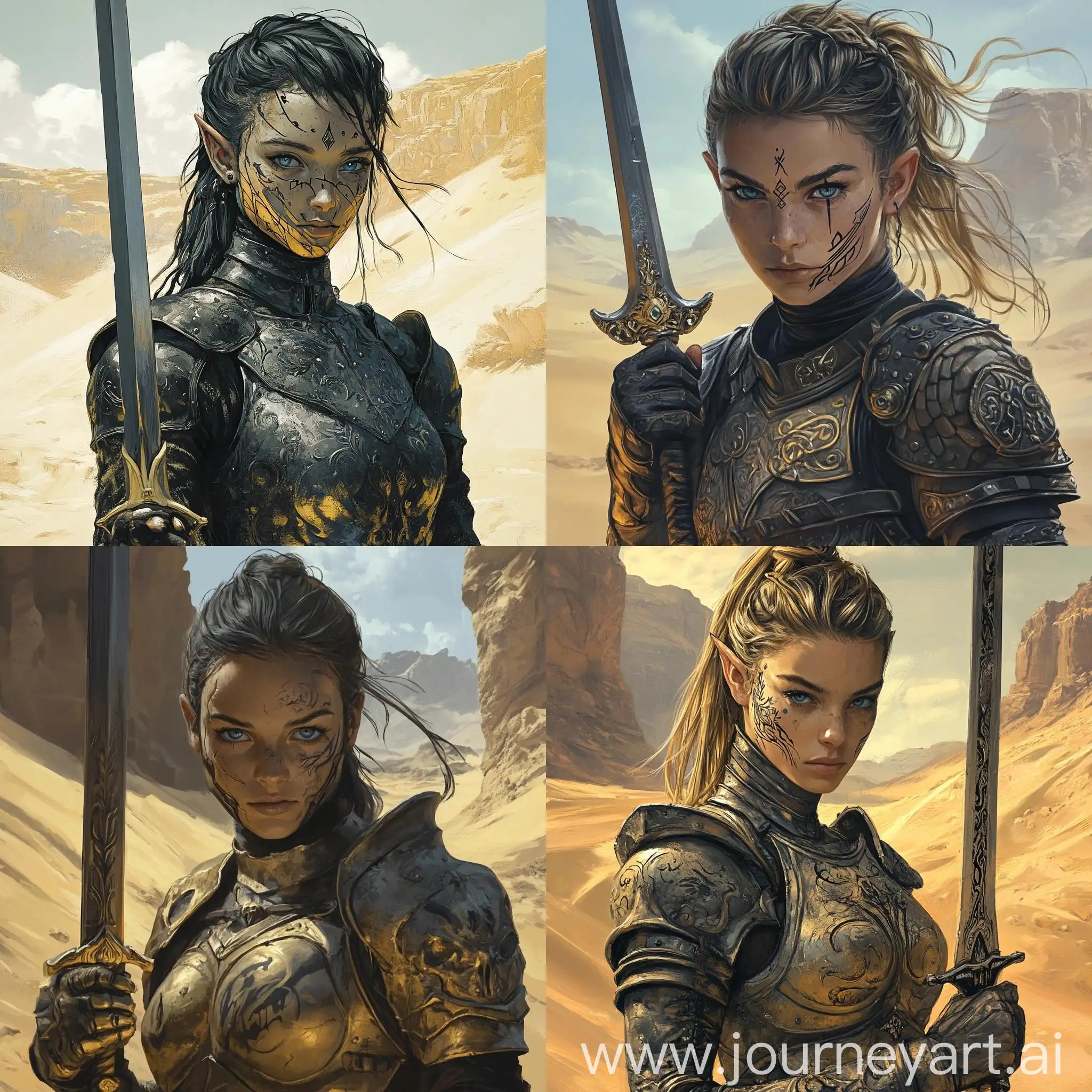 Fantasy-Female-Warrior-with-Sword-in-Golden-Armor-and-Tattoos-DD-Drawing