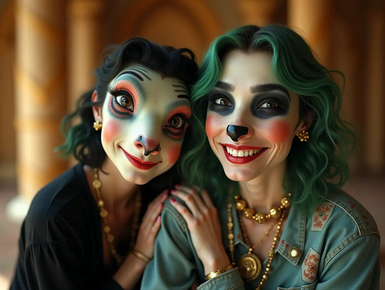 Two young black and white pattern Toucan with alien face, with rosé green hair, with a light smile on the face, emphasizing her smile, modern retro jewelry, in a temple with much gold different shades 4k