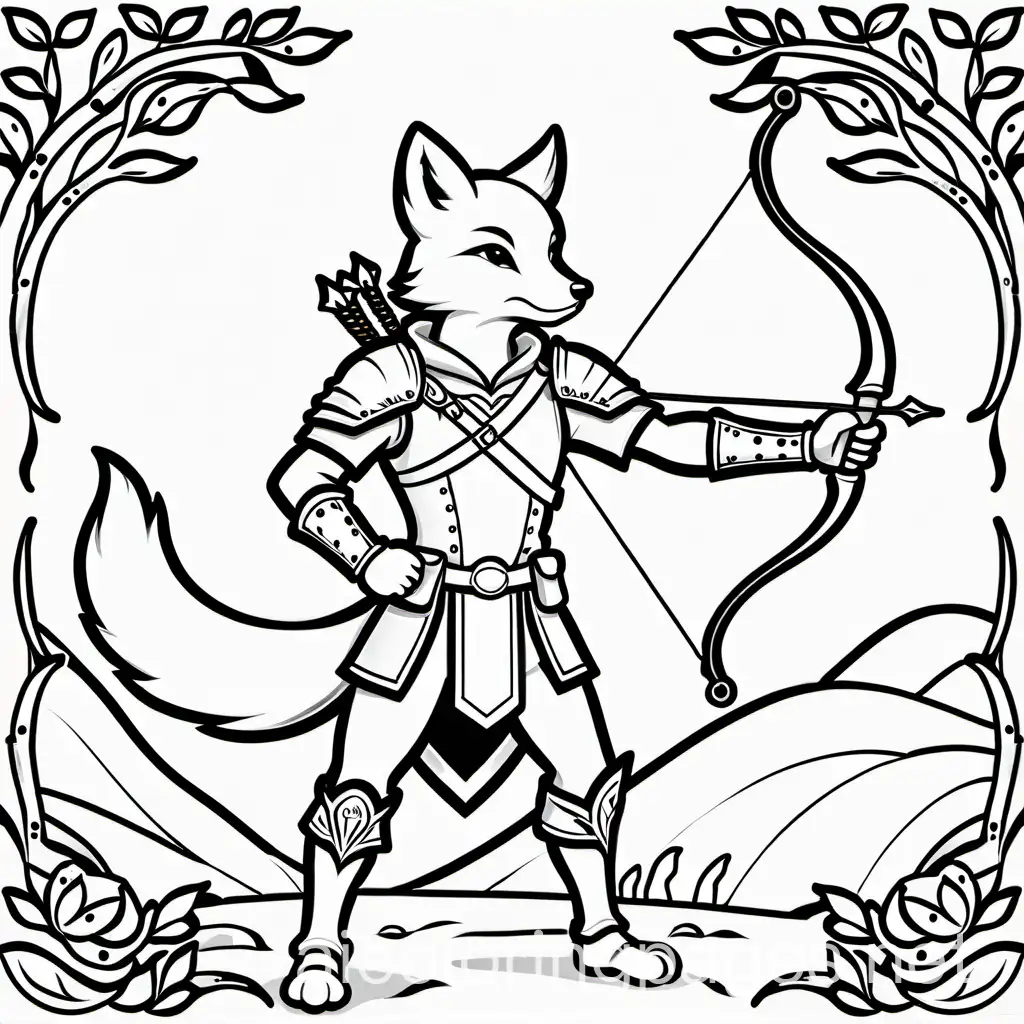 Fantasy-Fox-Archer-Coloring-Page-Black-and-White-Line-Art