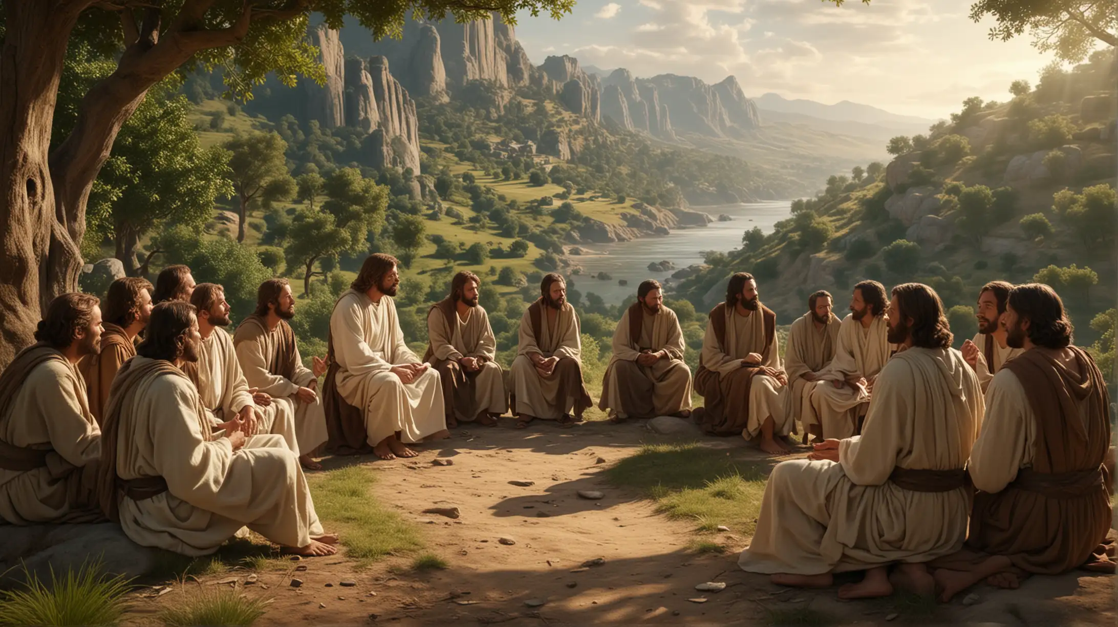 Jesus Teaching Disciples After Resurrection in Serene Natural Setting