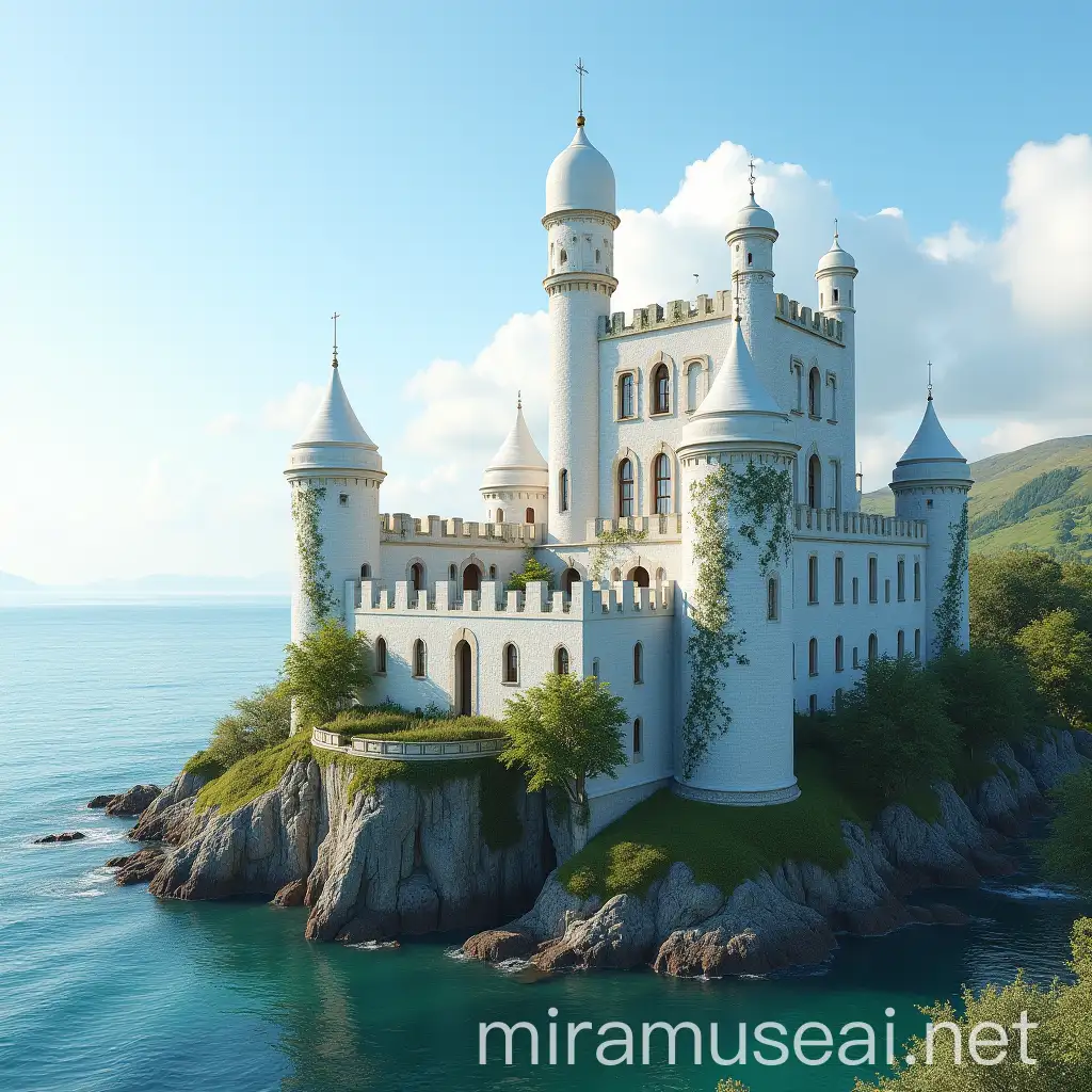 Arabian Style White Castle on Irish Sea Shore in Summer Sun