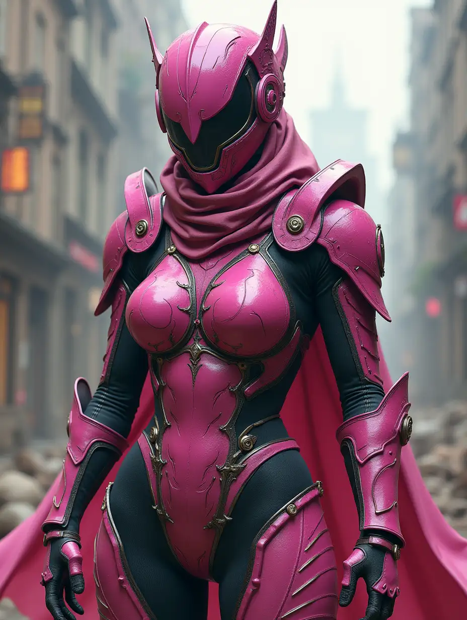Kamenrider, realistic, full body, ruin city, armor, mask, woman, pink