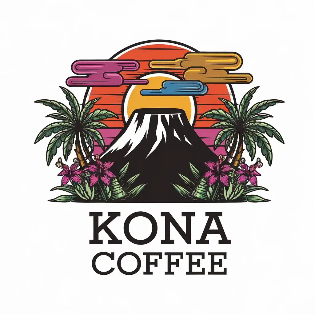 LOGO Design for Kona Coffee Colorful Sunrise Behind Volcano with Tropical Plants and Flowers Theme