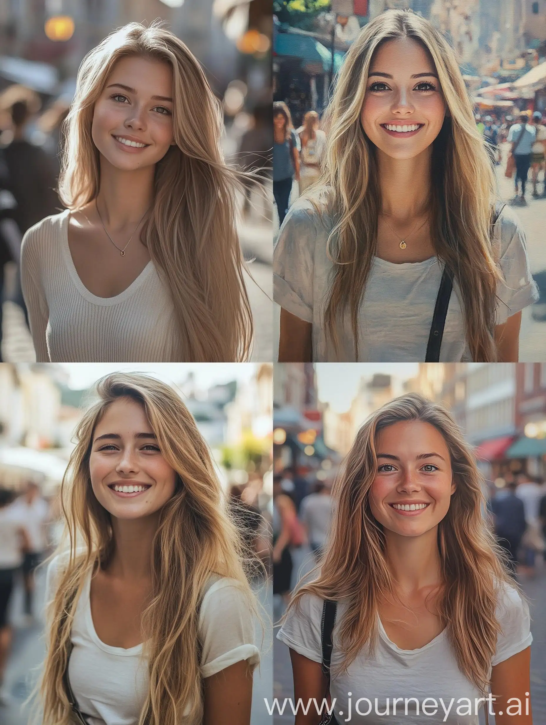 Smiling-Blonde-Woman-in-Casual-Clothes-on-Busy-City-Street