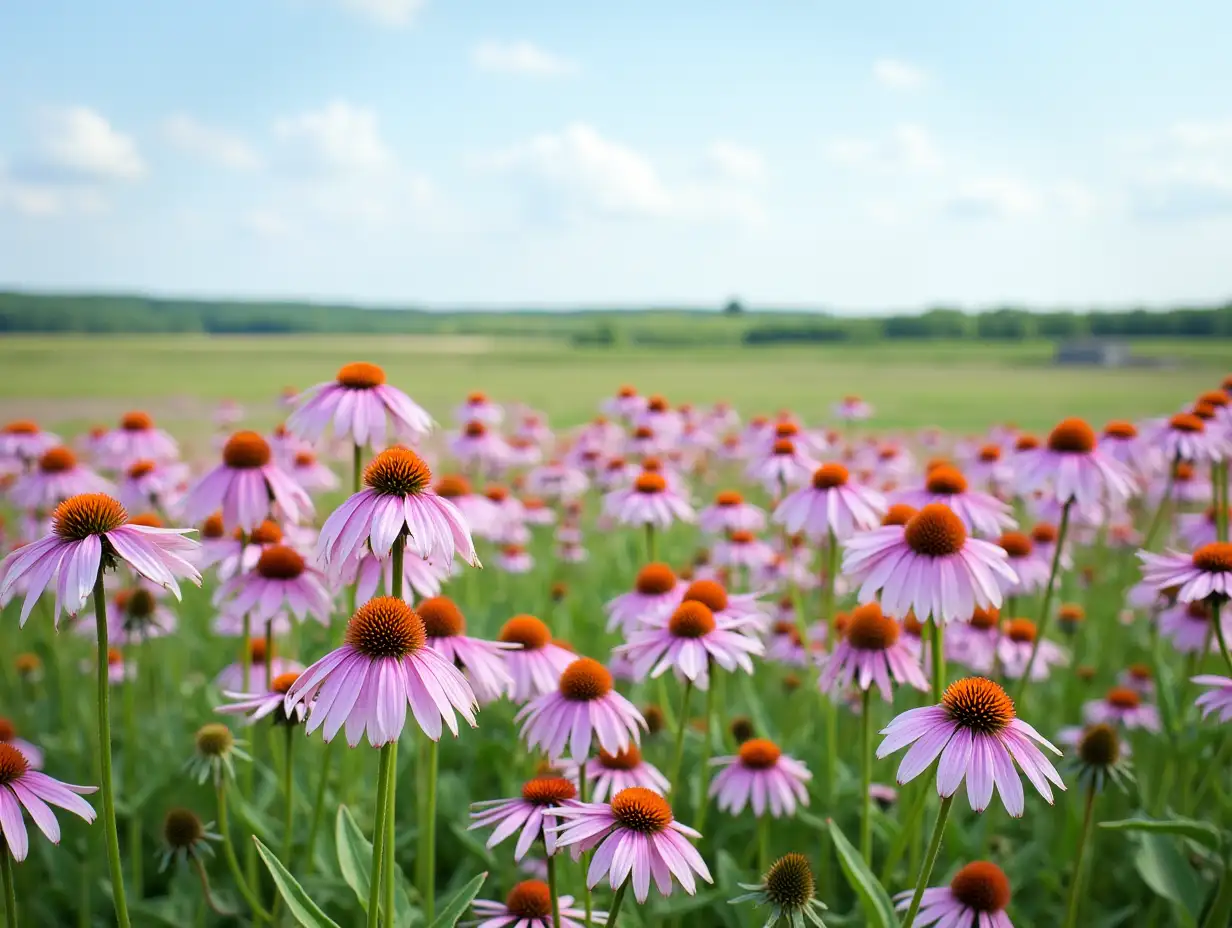 Panoramic-Summer-Prairie-Landscape-with-Blooming-Pale-Purple-Coneflower-Wildflowers