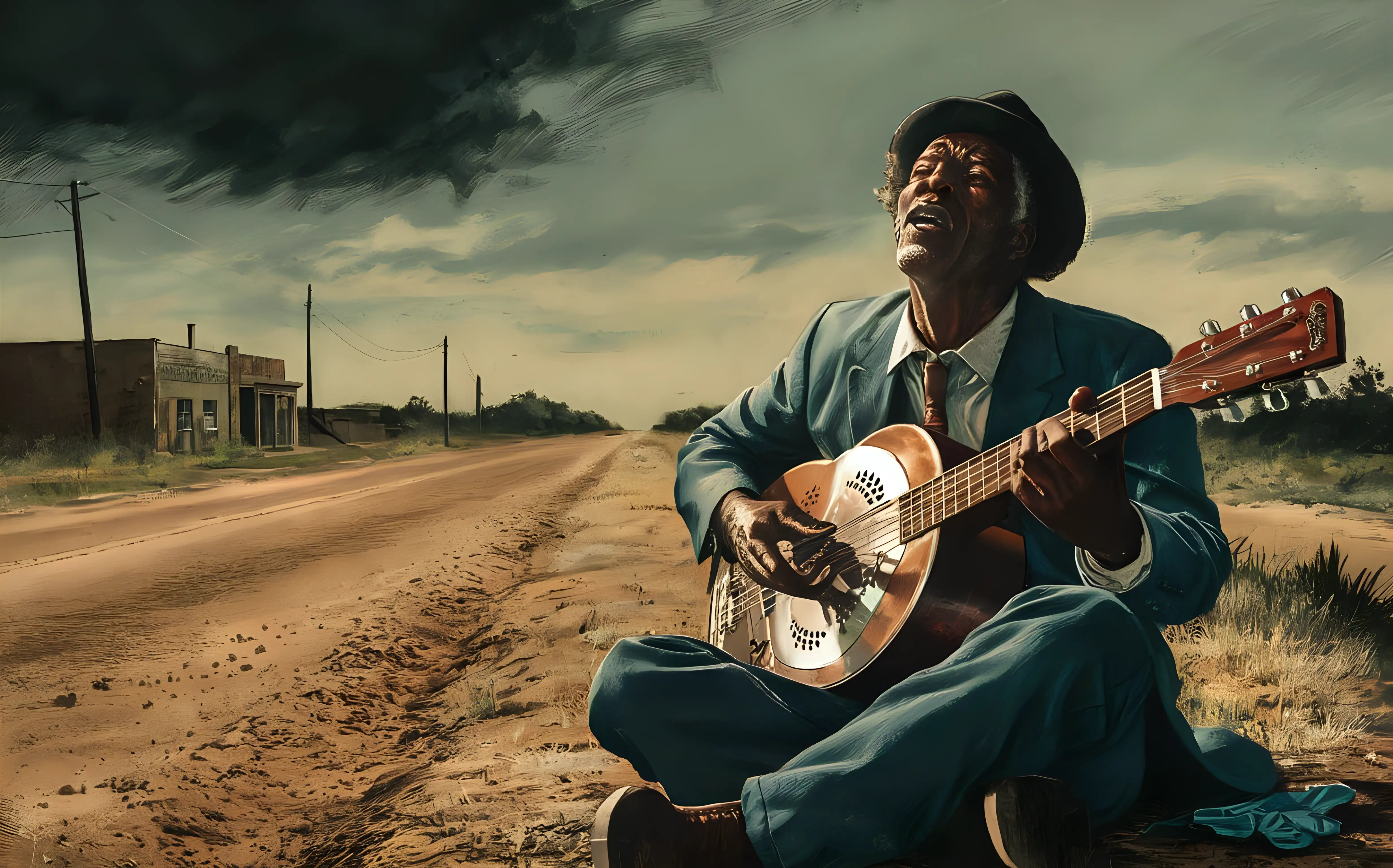 Dark Vintage Comic Book Drawing of an Old Bluesman Playing Resonator Guitar