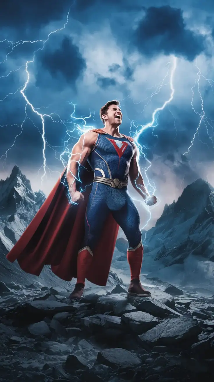 On a secluded mountain range. Supercharged brawn. Herculean powers. Blue electrical glow. 24-year-old superhero stands bellowing triumphantly in a lightning storm. Warrior of virtue. Hero of power. Man of destiny.