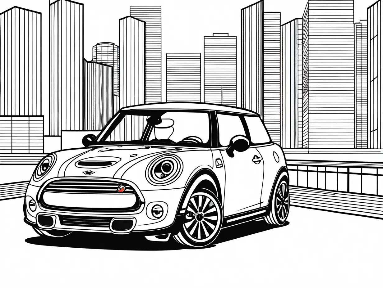 Two-Mini-Coopers-in-a-Modern-Cityscape-Coloring-Page-for-Kids