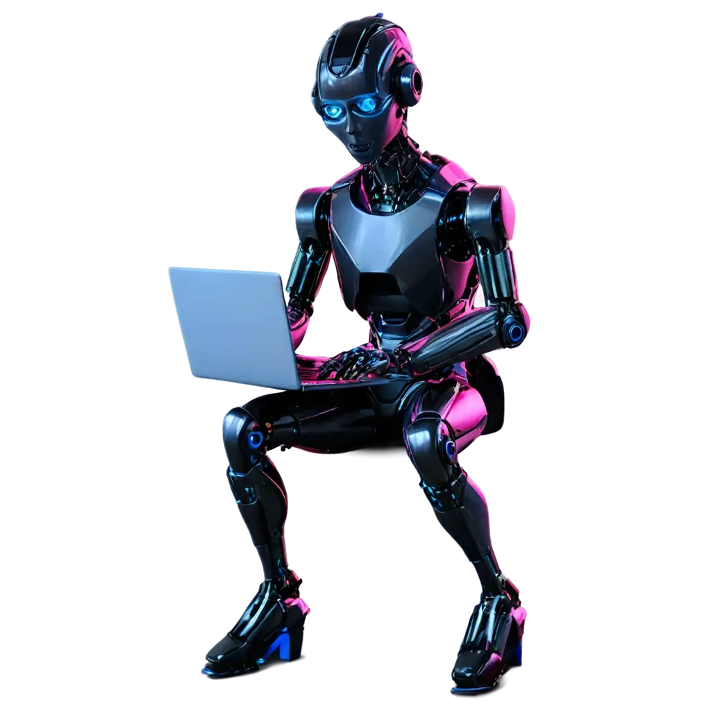 create a picture trading humanation neon robot. robot with laptop