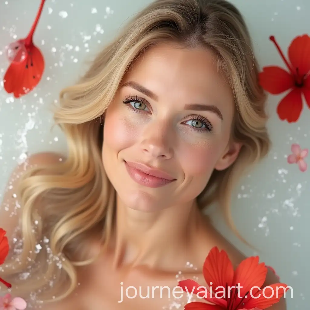 Elegant-40YearOld-Blonde-Woman-with-Water-and-Red-Blossoms-Background