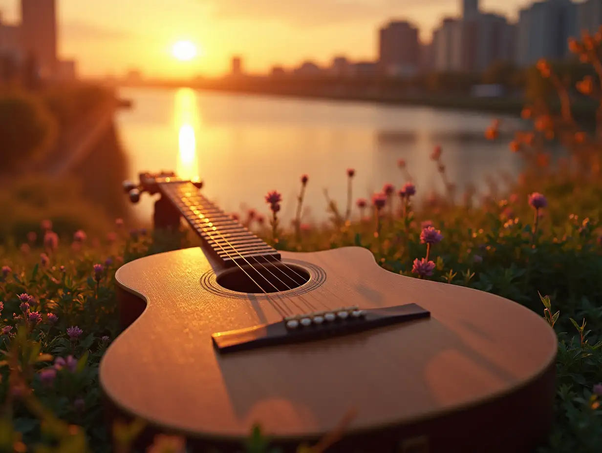 acoustic guitar, spring, water and sunset in the city