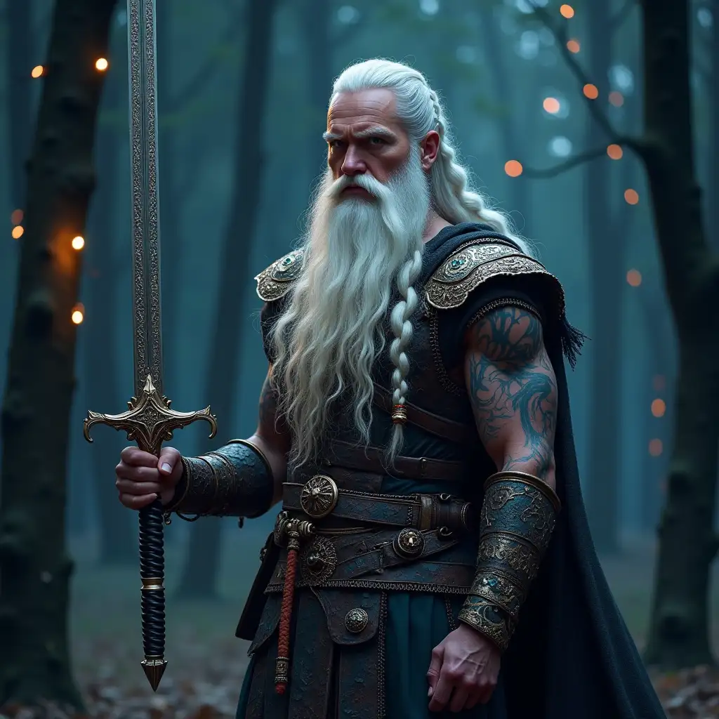 user_prompt: Hyperrealistic depiction of a beautiful white Viking man with tattoo, futuristic long hair-braids holding a sword in his hand, trees with intricately detailed, colorful and futuristic jewelry. Night lights background full body