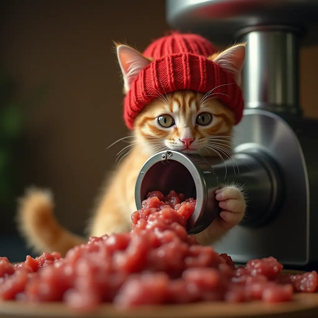 a red cute real kitten in a knitted hat turns meat through a meat grinder