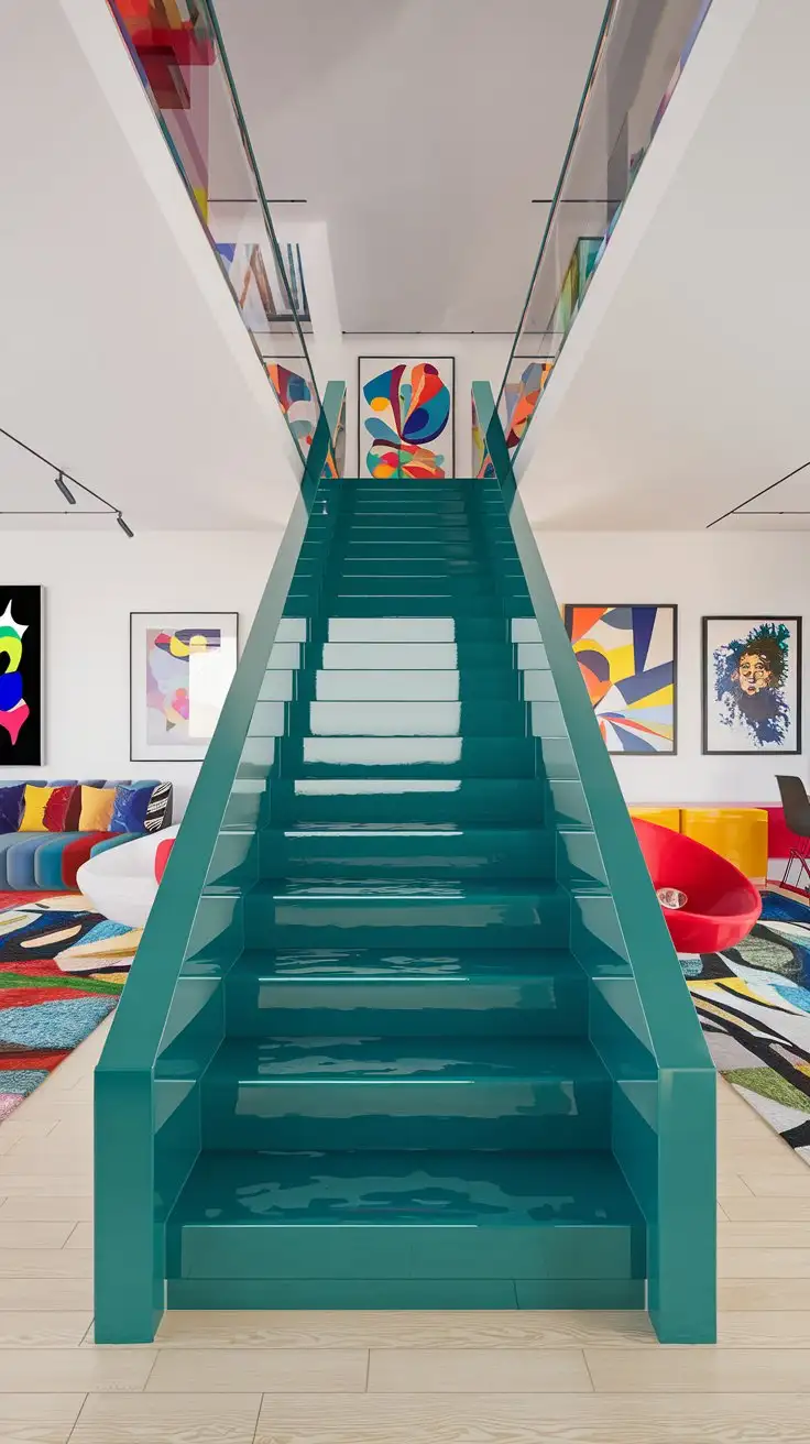 Interior design rendering, eye-level shot, showcasing a vibrant, statement color staircase in a playful, modern home. The staircase is painted in a bold, glossy teal color, contrasting against neutral white walls and light wooden floors. The design is simple and straight, allowing the color to be the focal point.  The space is filled with modern art and colorful décor. Style: Bold and playful, colorful interior, modern art-inspired, vibrant and energetic, fun and stylish