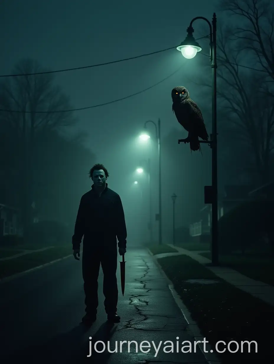 Ominous-Michael-Myers-on-Foggy-Suburban-Street-with-Glowing-Owl