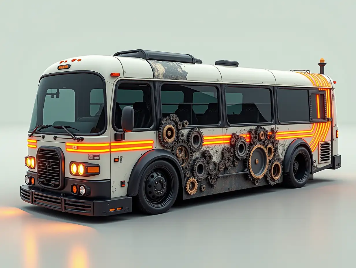 Supermodern utopian armed Sport Bus with orange stripes on the side with gears, lowered body, 18-inch rims, aluminum wheels, cream silver black Cyberpunk.