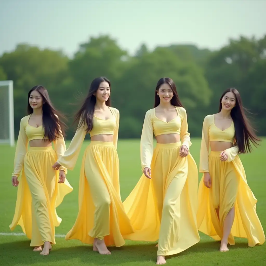 (Realistic photo) Four stunning and elegant young Korean women with long dark hair, dressed in light-yellow traditional skirts and open-chest. They are gracefully posing and dancing outdoors on a lush green field, resembling a football pitch, with a beautiful and clear image.