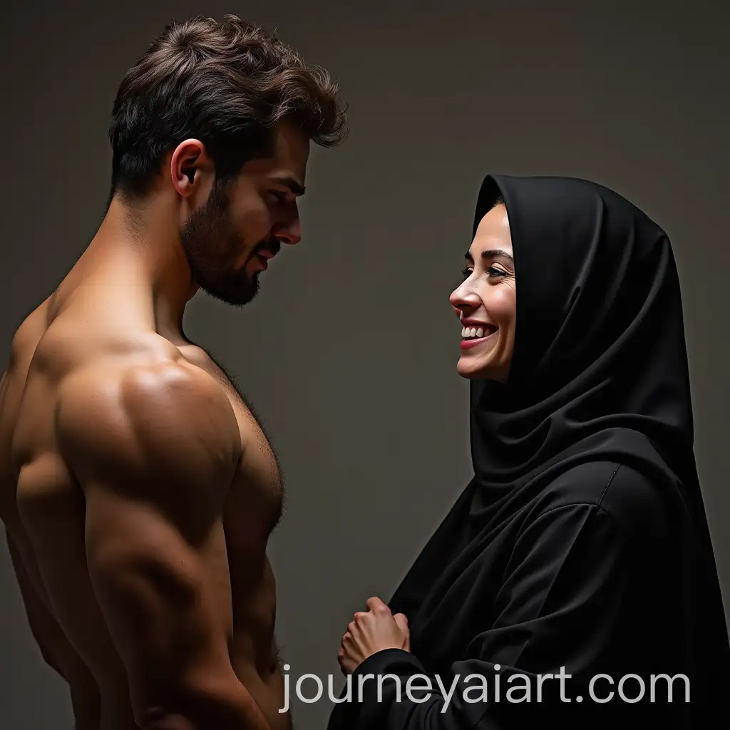 Man-Flexing-Muscles-While-Looking-at-Smiling-Veiled-Woman