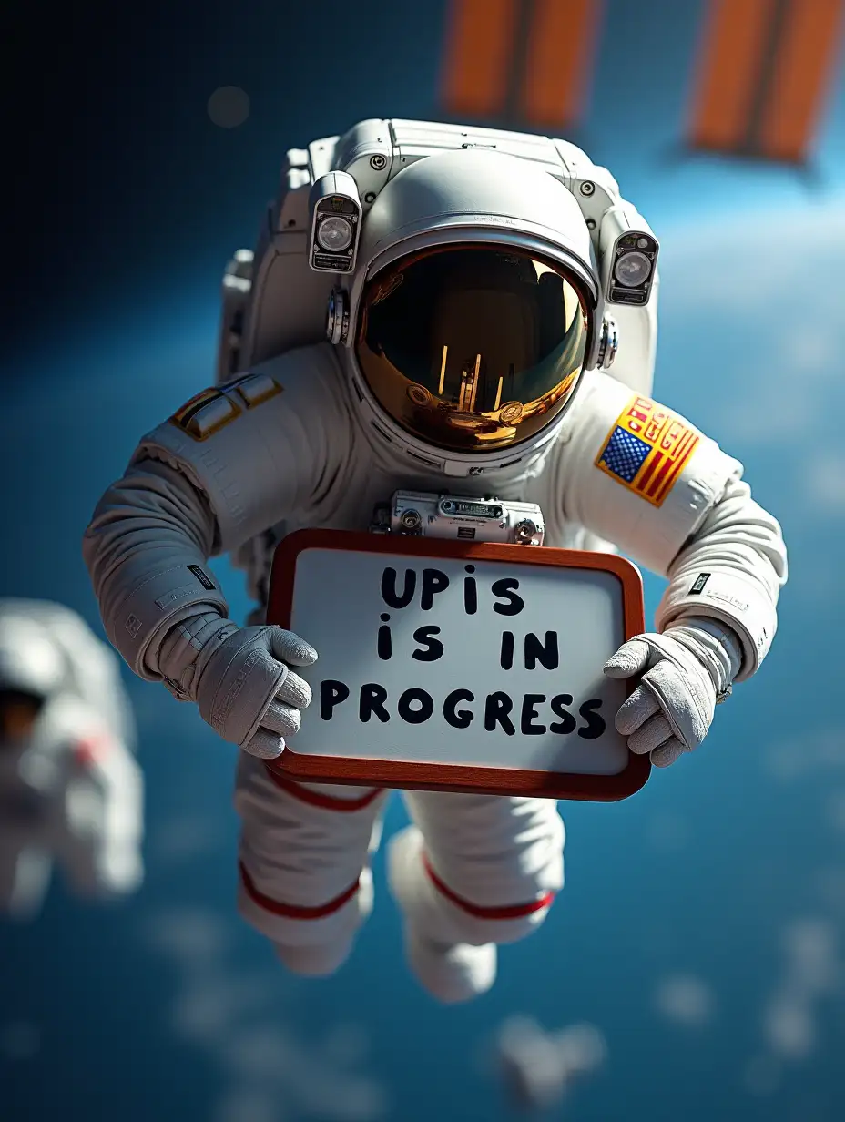 Cosmonaut in a spacesuit with ITOIP written on the sleeve, floating outside the spacecraft in Earth's orbit holds a board with 'UPIS IS IN PROGRESS' written on it with both hands