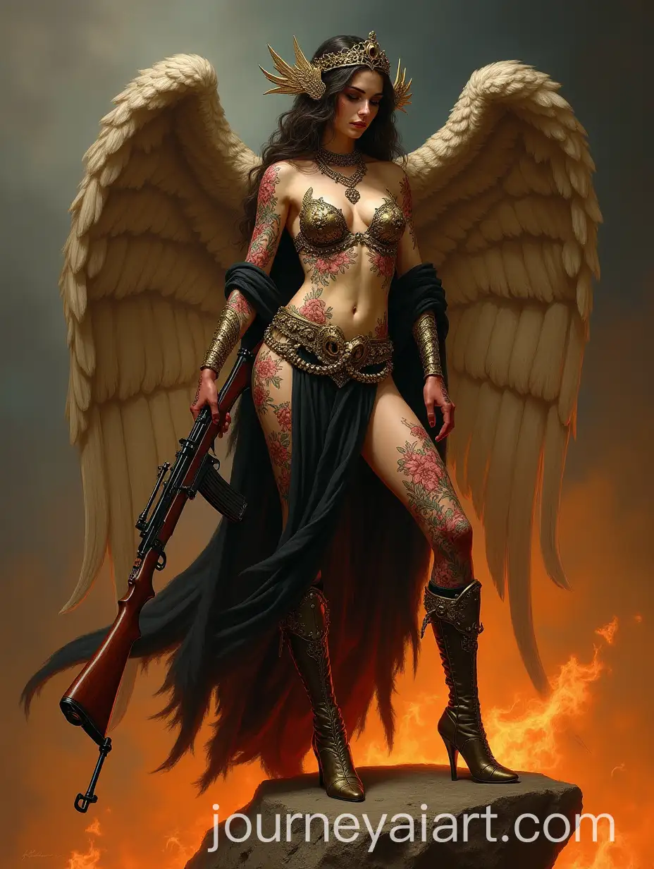 Gothic-Tattooed-Female-Angel-Warrior-Holding-Kalashnikov-Amidst-Fiery-Rocks