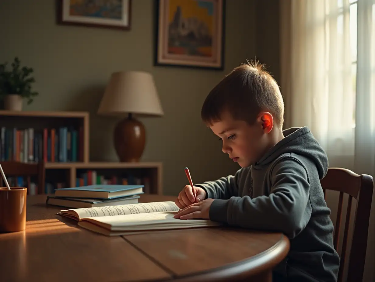 A boy who is reading at table in room