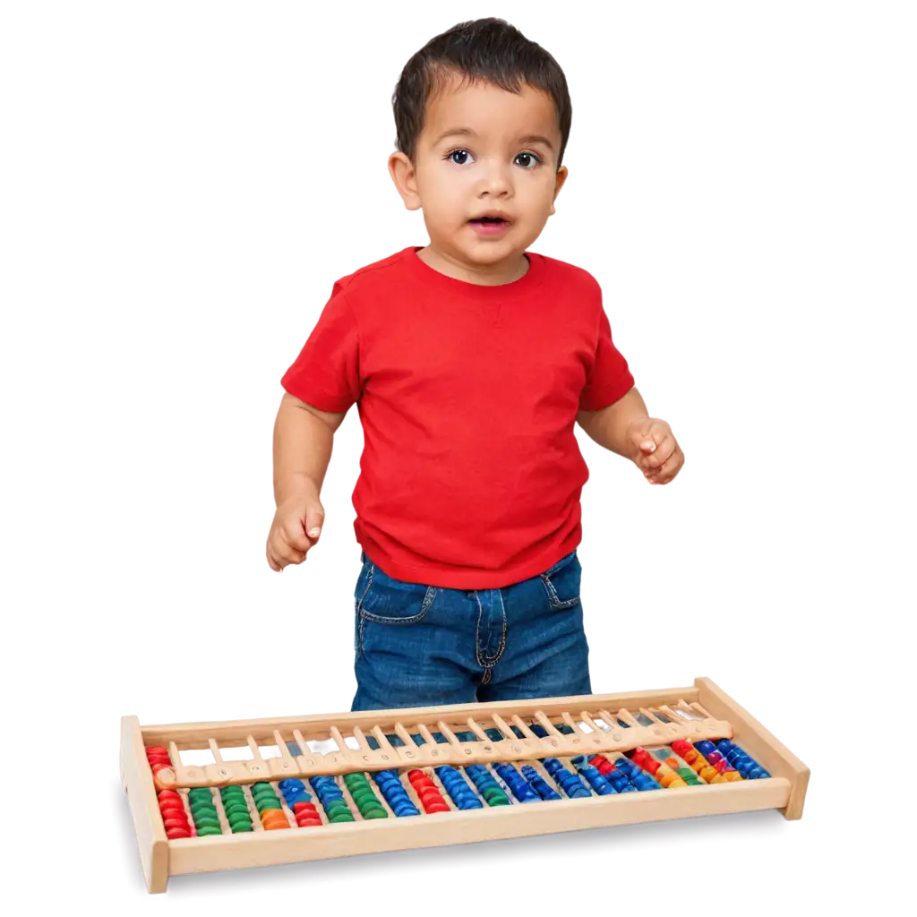 Indian looking 2 years old pre-school baby boy with red t-shirt playing with abacus high quality image with accurate result