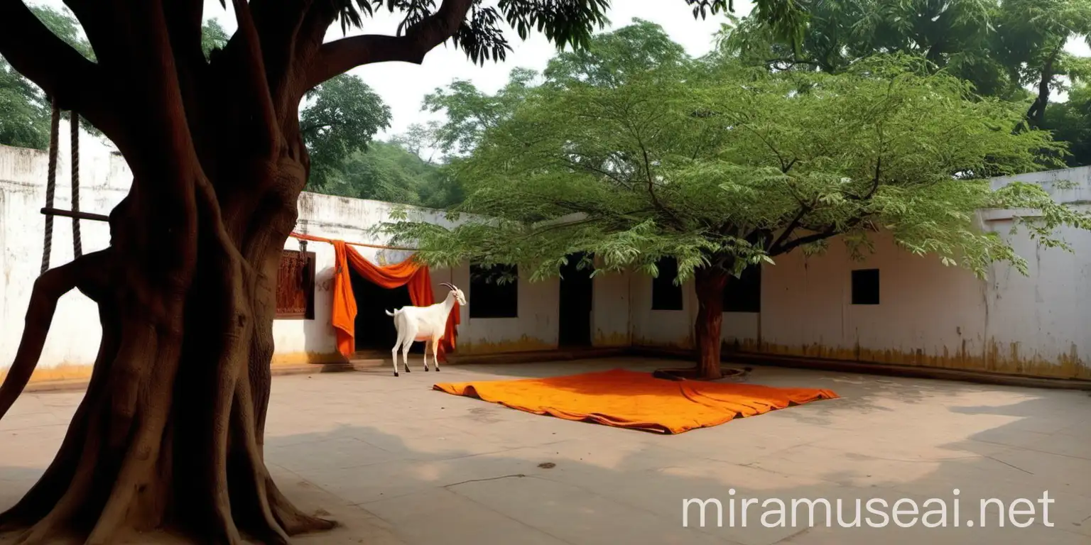 Indian Hindu Ashram Courtyard with Goat and Orange Towels at Night