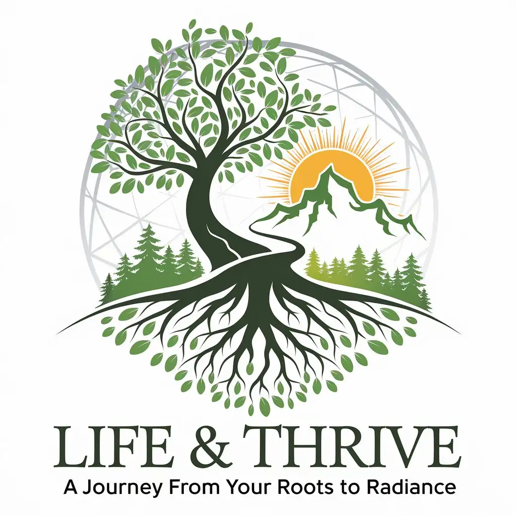 LOGO Design For Life Thrive A Journey from Your Roots to Radiance with Tree Mountain and Sun Motif