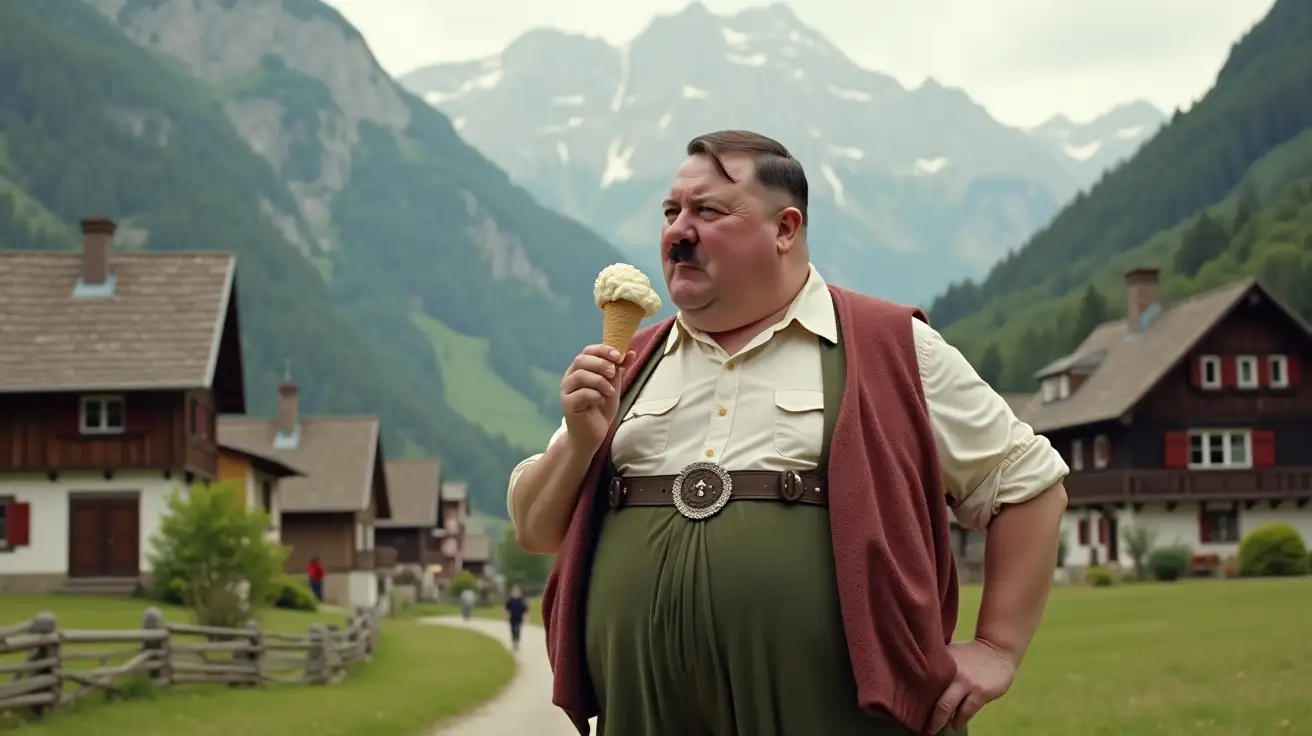 an extremely obese Adolf Hitler , wearing Lederhosen and eating an ice cream, in beautiful austrian village with moutains in the background