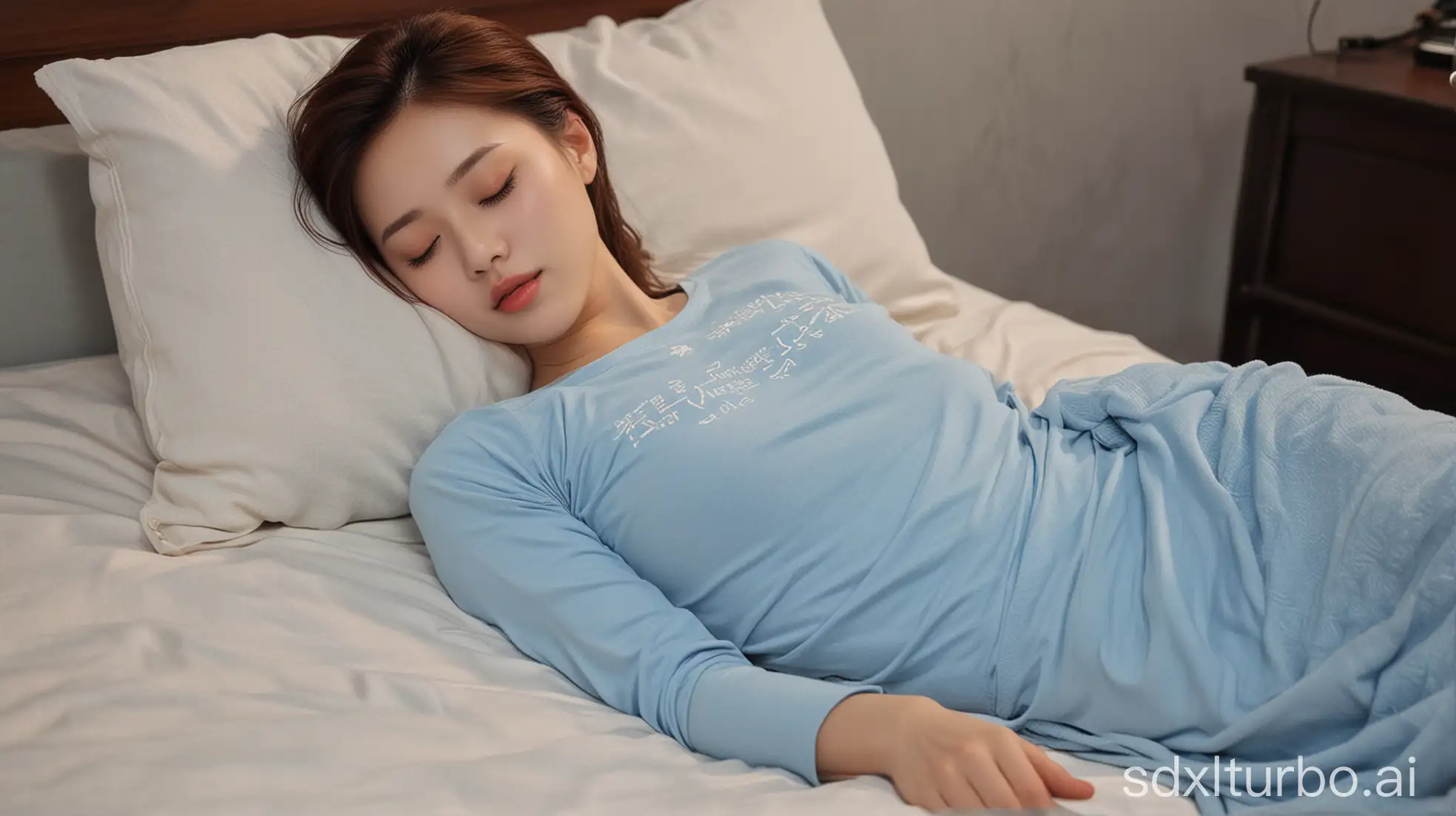 Zhao-Lusi-Sleeping-in-a-Winter-Night-Scene-with-Brown-Hair-and-Light-Blue-Outfit