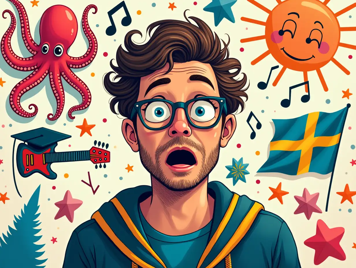 Illustration style, with bright and contrasting colors. A man with glasses, in university clothing, looking at the camera and surprised in the center of the image. As a backdrop, several elements: octopus, Pele, Sweden, music