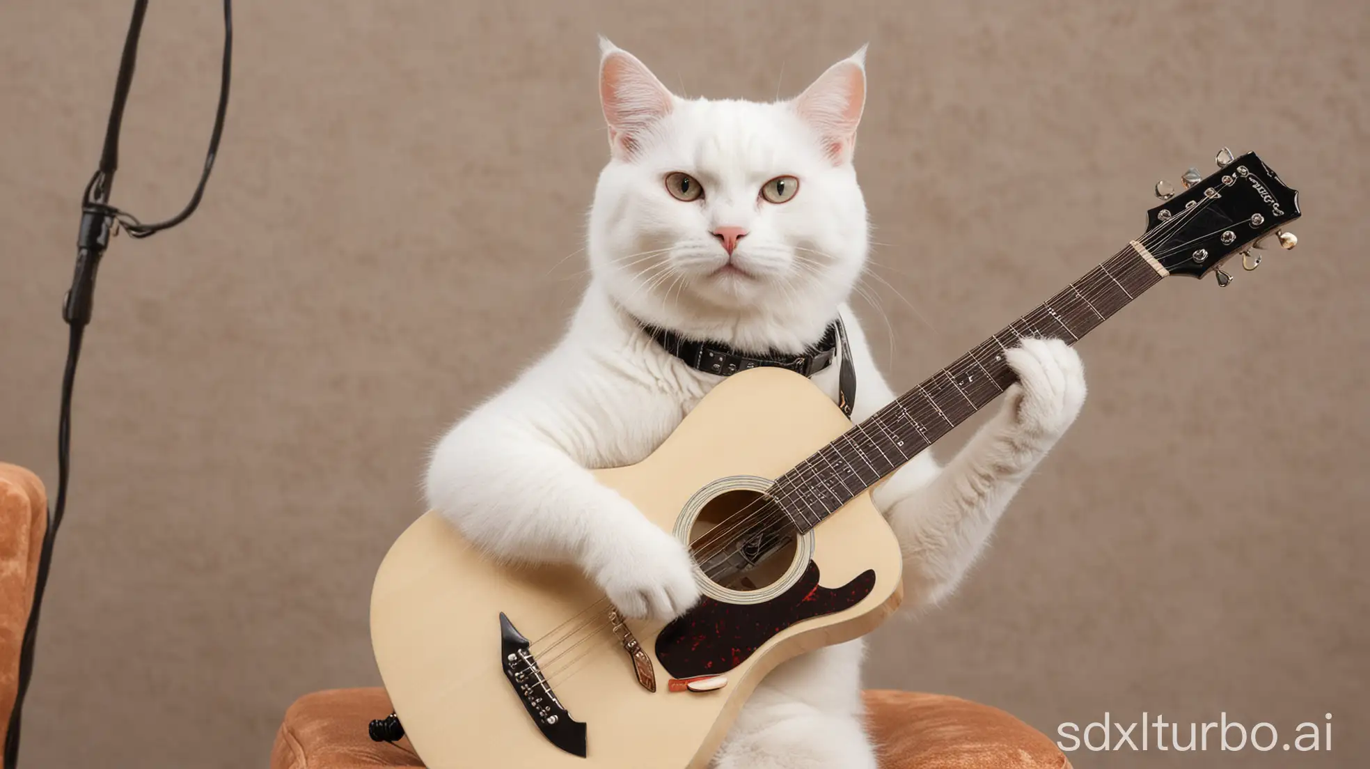 A white cat is sitting relaxed while playing the guitar.