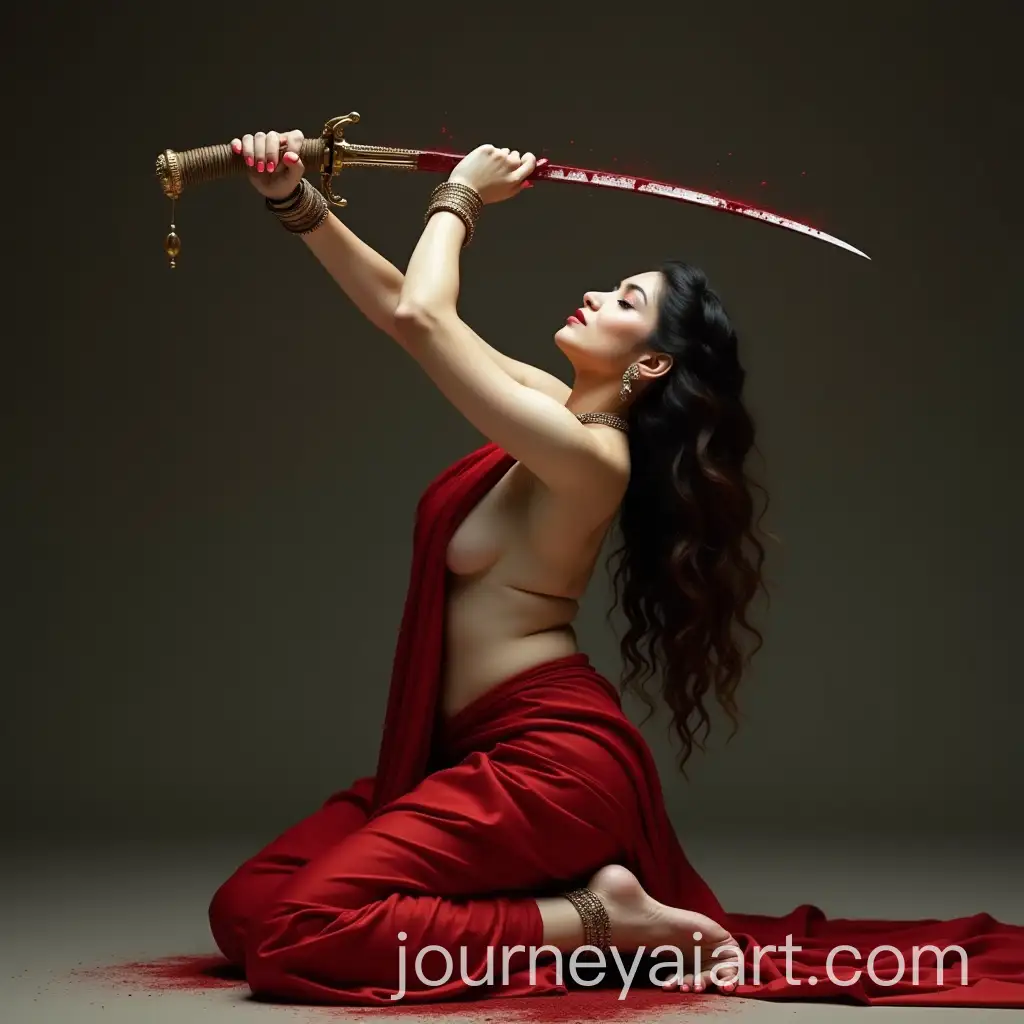 Indian-Queen-with-Bloodied-Talwar-in-Red-Saree-Kneeling-in-Dramatic-Pose