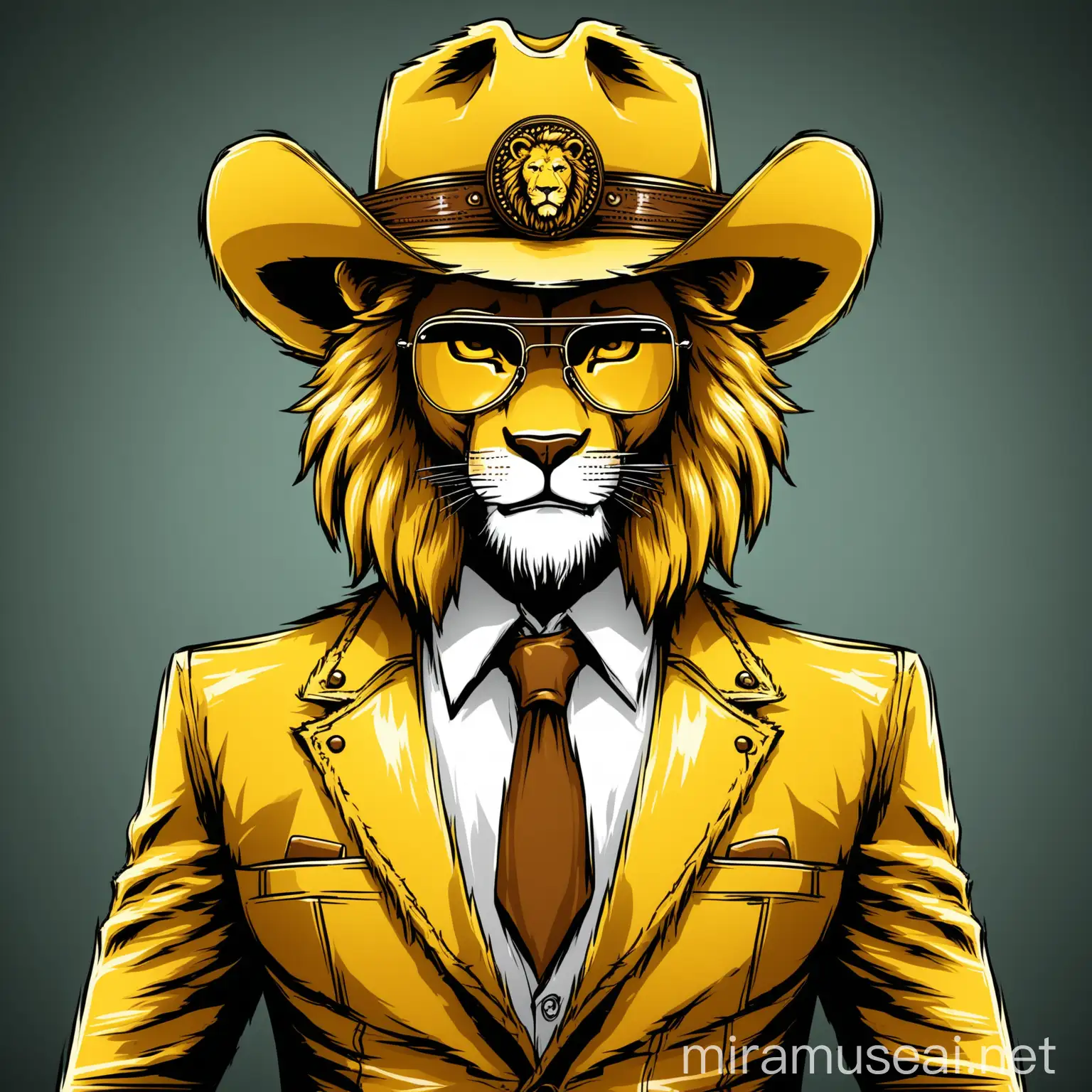 Symmetrical Yellow Businessman with Lion Head Cowboy Hat and Aviator Glasses