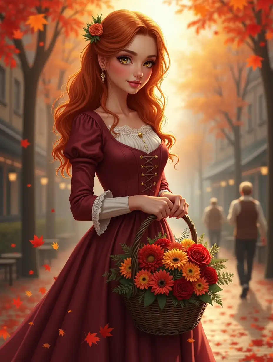 digital painting style, cute ginger hair girl, european, victorian dress, curvy girl, holding a basket of flowers in hands, autumn city background, red and yellow leafs, atmospheric, dynamic angle