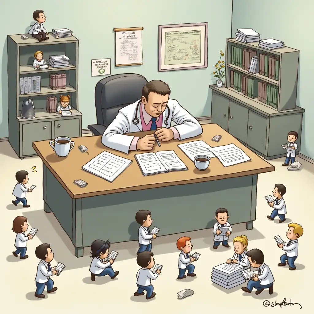 Simple  On the picture is depicted a doctor's office. In the center stands a large table, behind which sits a doctor in a white coat. He leaned on a chair, his head lies on the table, and next to it stands a cup of coffee. The doctor is obviously sleeping. Around the table and on the table there are many small people, similar to cartoon characters. They work actively: some write something on sheets of paper, others hold documents, third discuss something among themselves. Some little people even climbed on a pile of papers to reach the right place. In the background you can see shelves with medical books and folders. The overall atmosphere of the image is funny and slightly chaotic, emphasizing how small people are trying to help the doctor while he is resting.