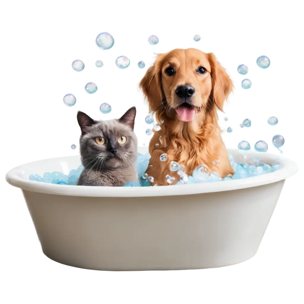 dog and cat in bathtub full of bubbles and soaked