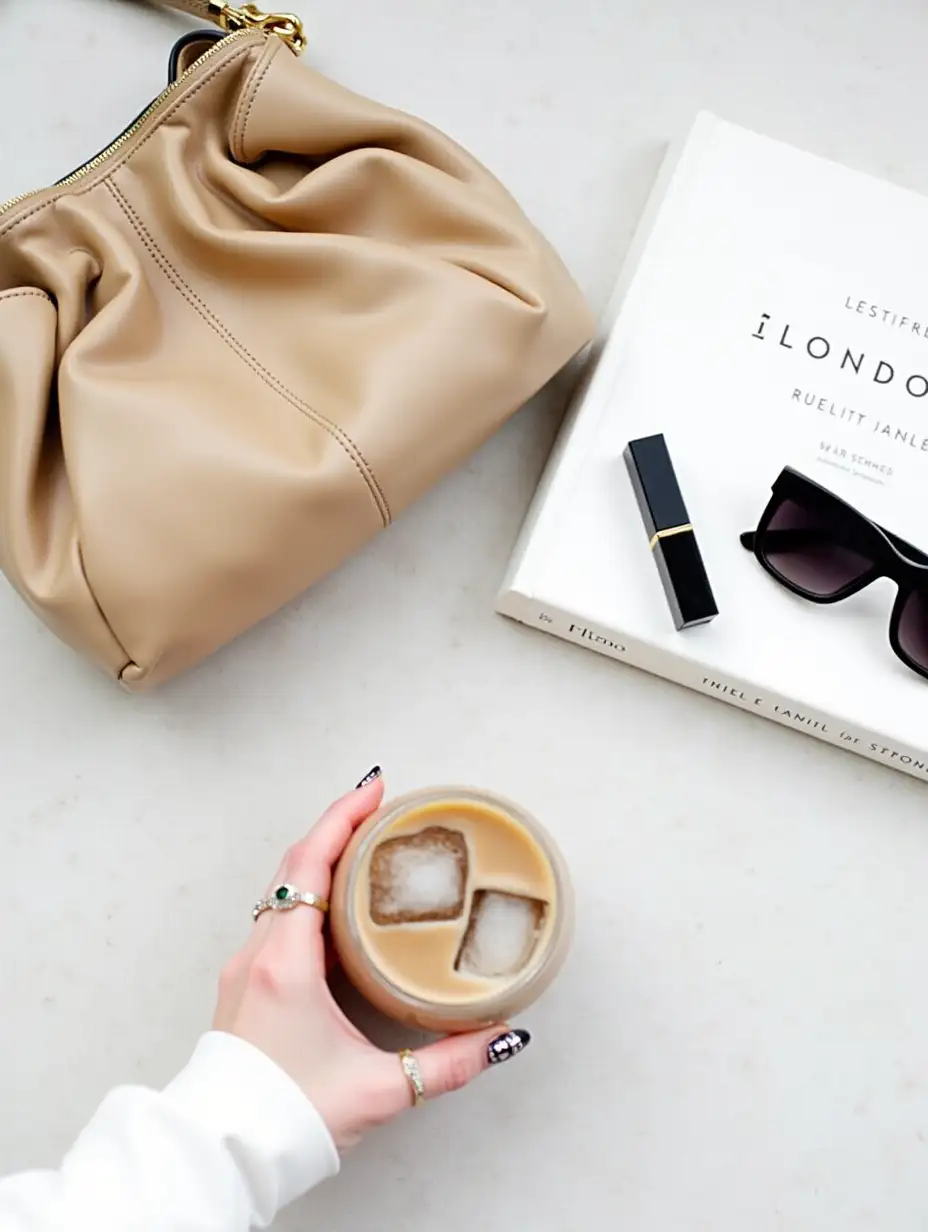 Chic-FlatLay-with-Beige-Leather-Handbag-Starbucks-Iced-Coffee-and-Luxury-Accessories