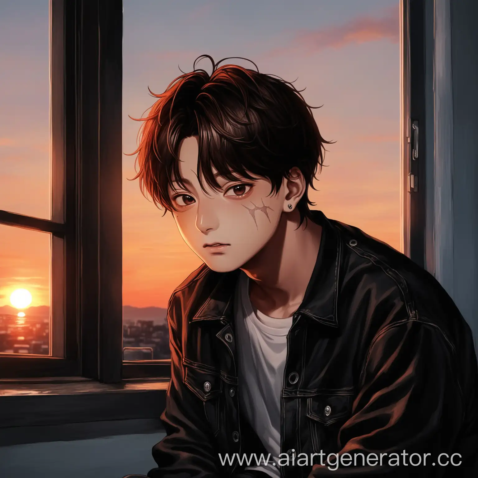 Jungkook-BTS-Sitting-on-Windowsill-at-Sunset-in-Black-Denim-Jacket