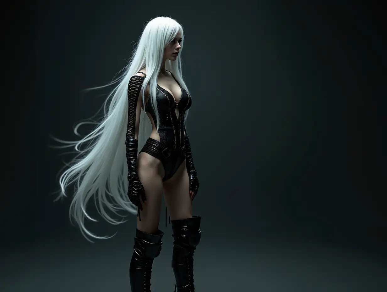 Depiction of a beautiful white woman with long mixed white-black hair in a futuristic style and laced boots, Blurry black background (120mm) shot poster