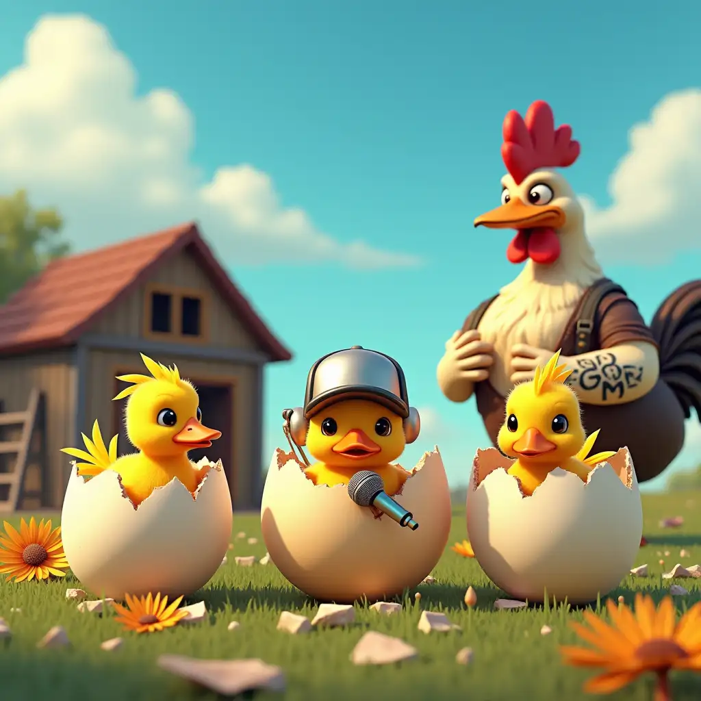 Hip-Hop-Ducklings-in-Farm-Meadow-with-Rooster-and-Boombox