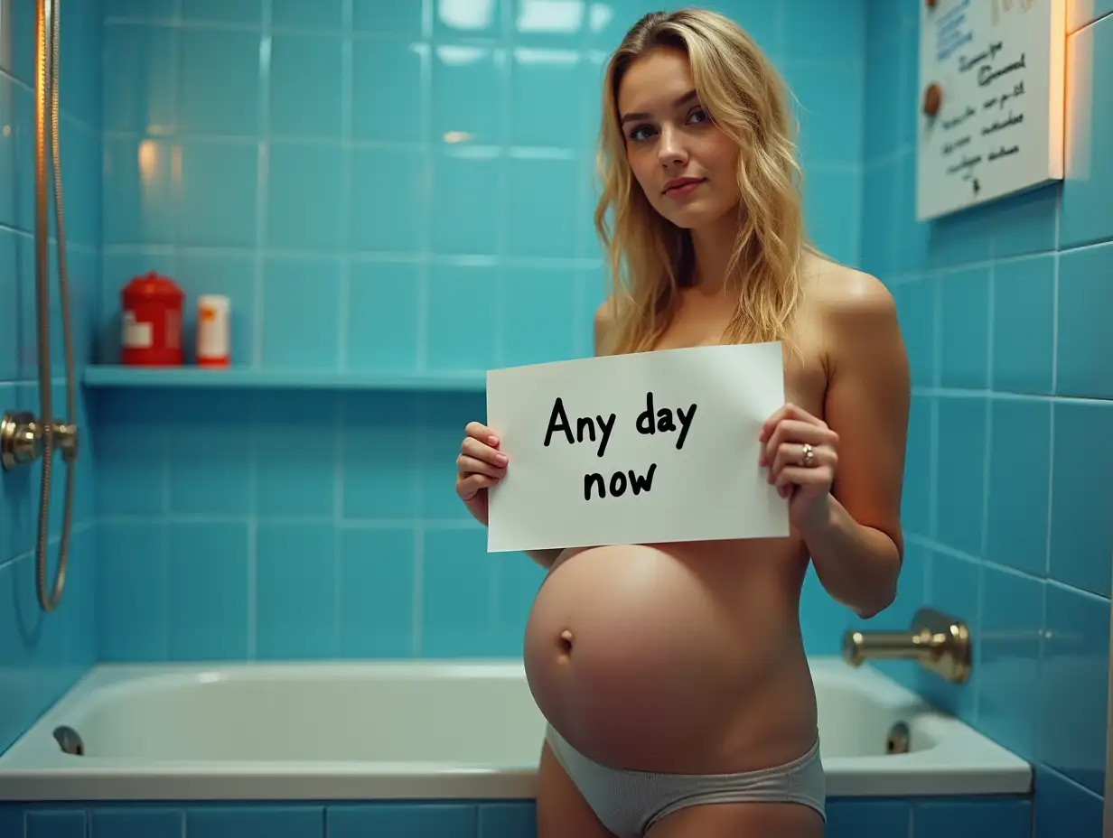 Blond-Pregnant-Girl-Standing-by-School-Bath-with-Paper-Any-Day-Now