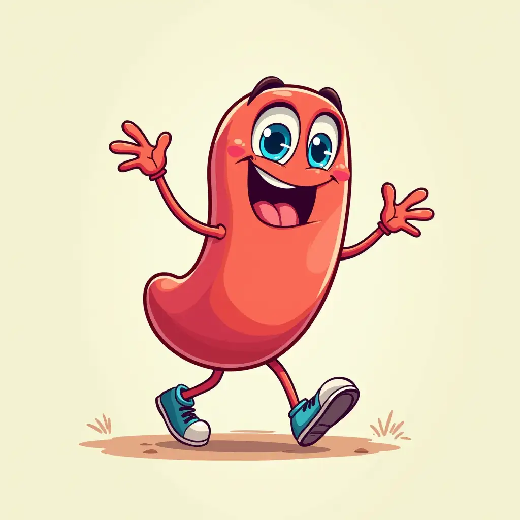 Draw a tongue that has arms and legs. He walks along the path waving his arms. He has cute blue eyes and a cheerful expression on his face. It's all done in a bright, colorful and detailed digital style suitable for a children's book or character design.