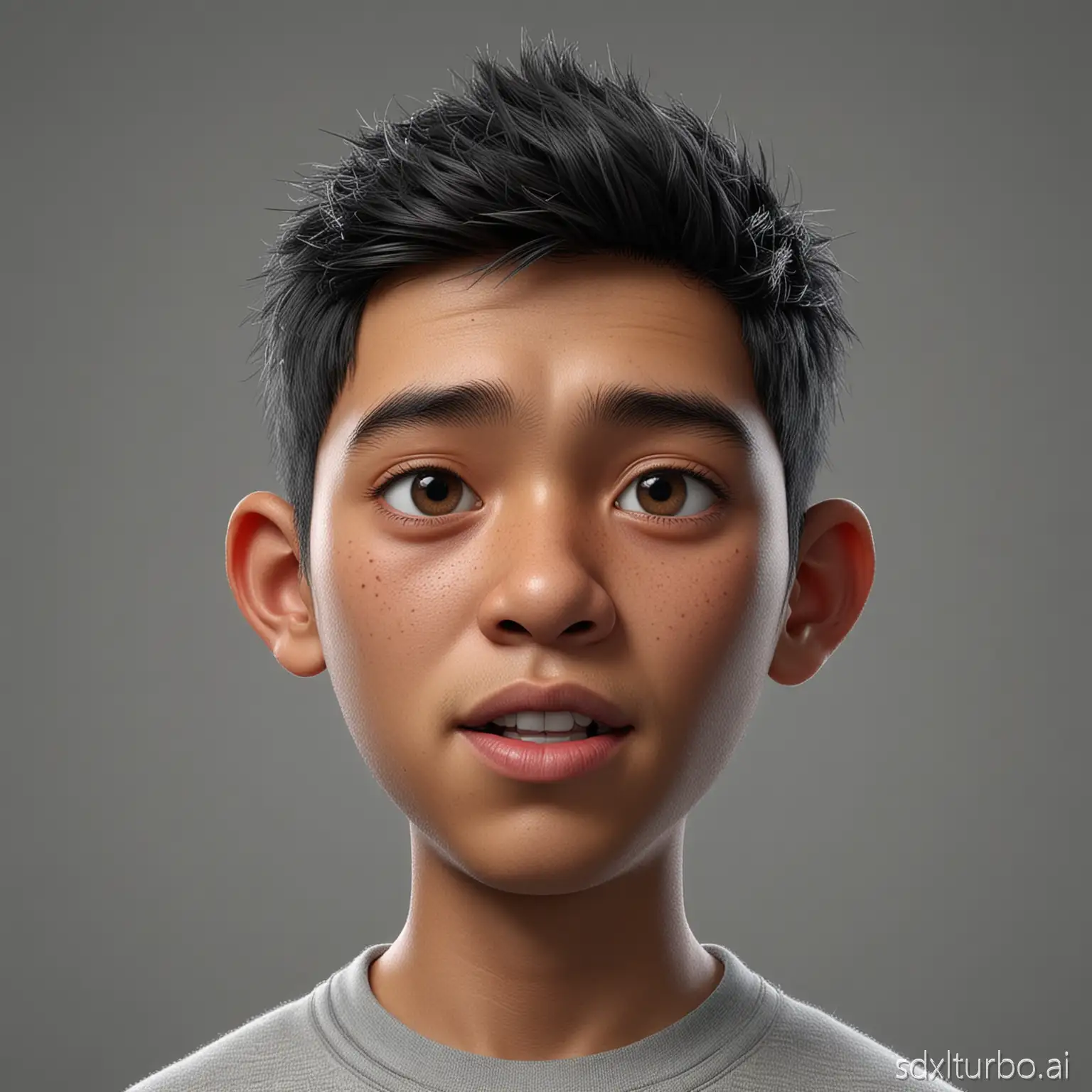Hyperrealistic 3D Cartoon absurd style character with big head. 15 year old Indonesian man, ideal body, gray background. Use soft photography lighting. Hair lighting, top lighting, side lighting, high quality photos, UHD, 16K